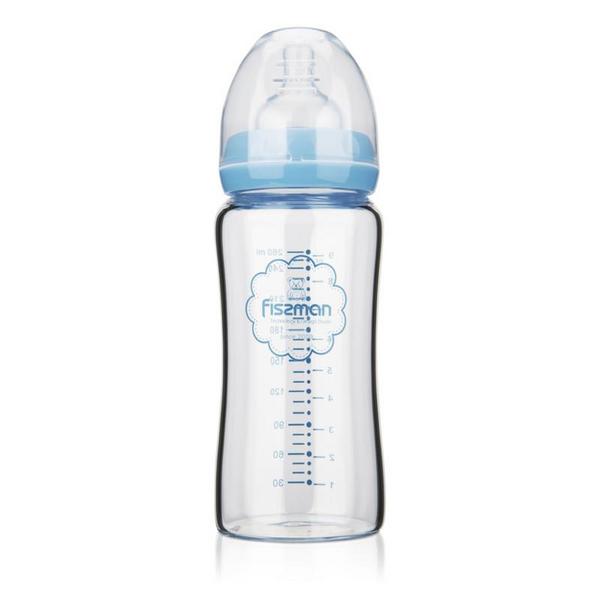 Fissman Baby Feeding Borosilicate Glass Bottle 260ml - Light & Slim - Easy to Hold - Food Grade Glass - Wide Neck - Blue