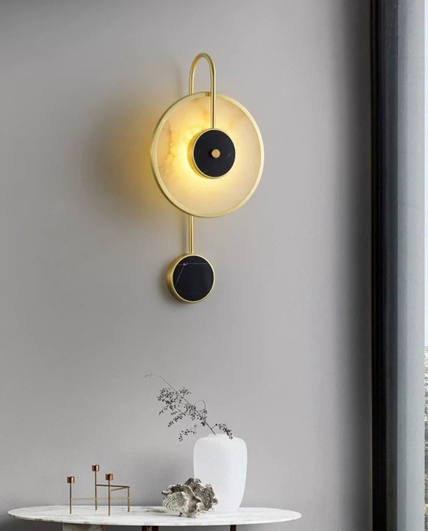 Modern Art-Deco Circular LED Wall Lamp for Bedroom, Living Room, Dining Room, Hallway or Restaurant, Marble & Iron, Black & Golden Color, 25x12x50 cm